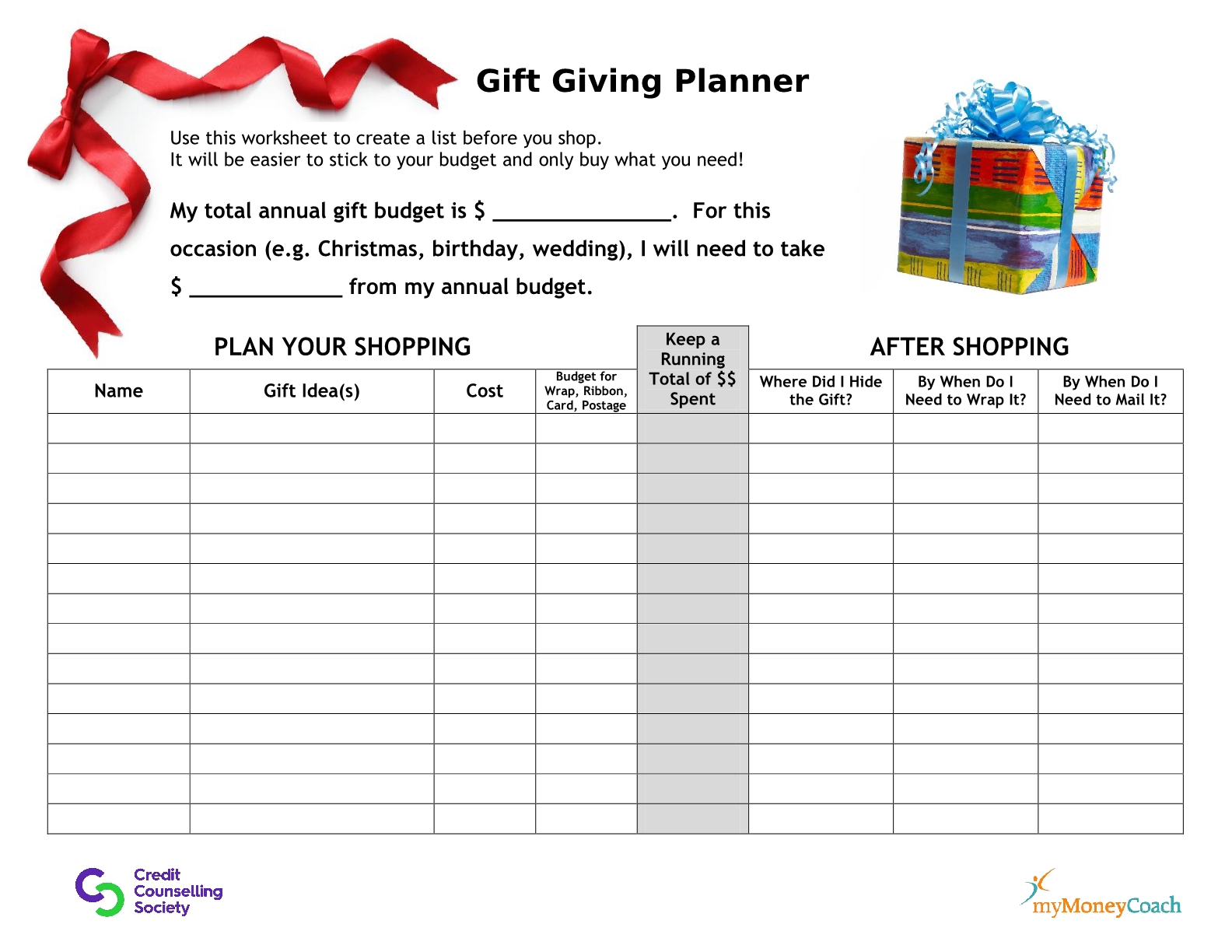 Gift Giving Shopping and Budget Planner Holiday Spending My Money Coach